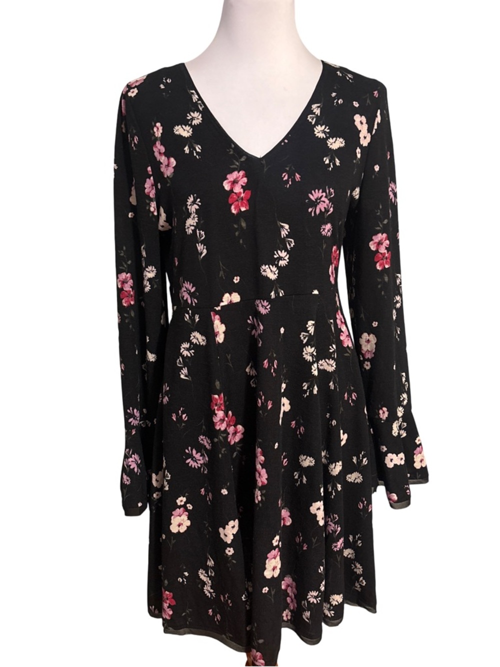 American Rag Black Floral Long Sleeve Fit And Flare Dress